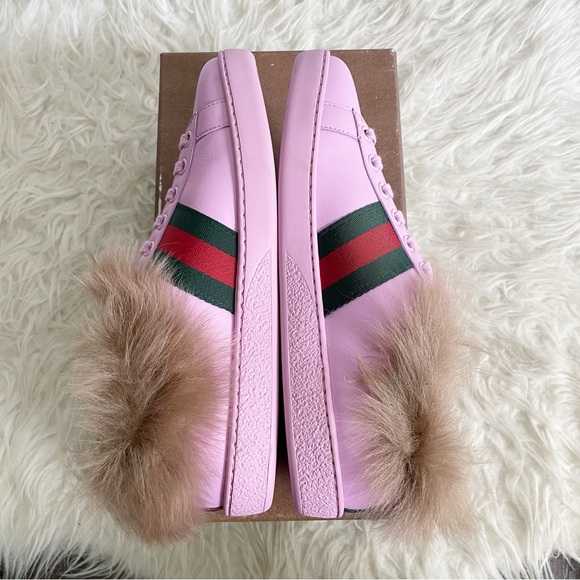Gucci Ace Fur Lined Sneaker Pink Leather Web Bee NEW size 37 - Picture 13 of 15